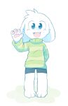  anthro asriel_dreemurr blue_eyes boss_monster bottomwear bovid caprine cheek_tuft clothing cute_fangs facial_tuft full-length_portrait fur gesture goat hand_behind_back happy hi_res male mammal oob pawpads portrait shorts simple_background smile snaggle_tooth solo sweater topwear tuft undertale undertale_(series) video_games waving white_background white_body white_fur young 