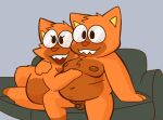  crushpepper cuddling domestic_cat eyewear felid feline felis fur furniture glasses hi_res mammal nude orange_body orange_fur perilla_(crushpepper) sofa tagme 