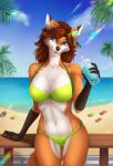  2022 5_fingers anthro beach beverage big_breasts bikini bikini_bottom bikini_top black_nose blue_eyes breasts brown_hair bubble_tea canid canine claws cleavage clothed clothing countershade_face countershade_legs countershade_torso countershading digital_media_(artwork) dipstick_ears ear_piercing elvofirida feather_earring female finger_claws fingers fox fur gloves_(marking) hair hi_res humanoid_hands inner_ear_fluff mammal markings multicolored_body multicolored_ears multicolored_fur navel orange_body orange_fur piercing red_fox samantha_(syronck01) sand sea seaside smile solo standing swimwear tuft two_tone_body two_tone_fur water white_body white_countershading white_fur yellow_bikini yellow_bikini_bottom yellow_bikini_top yellow_clothing yellow_swimwear 