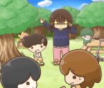  1girl 4boys absurdres angel_(omori) belt black_hair black_shirt brown_footwear brown_hair brown_shorts charlene_(omori) day ground_vehicle highres kel_(omori) long_sleeves looking_at_another motor_vehicle multiple_boys omori open_mouth outdoors pants picnic_basket pink_pants scene_reference scooter shirt short_hair shorts smile sunny_(omori) sweat tree wafu_(wafu39080) 