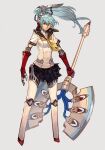  1girl android axe black_sailor_collar black_skirt blue_hair full_body grey_background hair_ornament holding holding_axe holding_weapon hungry_clicker joints labrys_(persona) long_hair looking_away miniskirt neckerchief persona persona_4 persona_4:_the_ultimate_in_mayonaka_arena pleated_skirt ponytail red_eyes robot robot_ears robot_joints sailor_collar school_uniform serafuku simple_background skirt solo uniform very_long_hair weapon yasogami_school_uniform yellow_neckerchief 