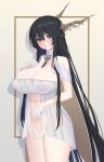  1girl azur_lane black_hair breasts cleavage covered_nipples detached_collar dress gloves green_eyes hair_between_eyes half_gloves hand_on_own_chest highres horns huge_breasts indomitable_(azur_lane) long_hair revealing_clothes ruinabyss simple_background solo very_long_hair white_dress white_gloves 