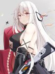  1girl bangs bare_shoulders black_gloves blush breasts closed_mouth elbow_gloves from_side girls&#039;_frontline gloves grey_background gun hair_ornament highres kar98k_(girls&#039;_frontline) keenh large_breasts long_hair looking_at_viewer red_eyes solo weapon white_hair 