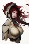  1girl bodysuit breasts distr eldar facial_mark floating_hair forehead_mark helmet highres large_breasts looking_at_viewer parted_lips red_eyes red_hair signature simple_background solo spacecraft warhammer_40k white_background 
