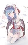  1girl 258n armpits ascot bat_wings blue_hair hands_on_headwear hat hat_ribbon highres looking_at_viewer open_mouth red_ascot red_ribbon red_wings remilia_scarlet ribbon seiza shirt short_hair sitting skirt sleeveless solo thighhighs torn_clothes touhou v-shaped_eyebrows white_headwear white_shirt white_skirt white_thighhighs wings 