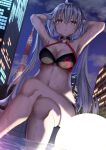  1girl absurdres ahoge armpits arms_up bangs bare_shoulders bikini black_bikini breasts choker cleavage fate/grand_order fate_(series) gloves grey_hair highres jeanne_d&#039;arc_alter_(fate) jeanne_d&#039;arc_alter_(swimsuit_berserker)_(fate) large_breasts long_hair looking_at_viewer navel night night_sky o-ring o-ring_bikini outdoors revision sitting sky solo stomach swimsuit toukan very_long_hair wet yellow_eyes 