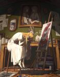  1girl absurdres barefoot blonde_hair drawing dress from_side full_body hands_on_own_face highres indoors long_hair nashiko_(nanaju_ko) original paintbrush painting_(object) portrait_(object) sitting solo stool table white_dress 