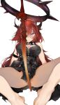  1girl arknights black_dress breasts chest_strap cleavage demon_girl demon_horns detached_collar dress ekuesu hair_between_eyes hair_intakes halo highres horns large_breasts long_hair purple_eyes red_hair short_dress simple_background sitting solo spread_legs surtr_(arknights) sweat sword weapon white_background 