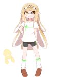  1girl alternate_species bangs bike_shorts blonde_hair chirun0 closed_mouth highres inkling long_hair mythra_(xenoblade) simple_background solo splatoon_(series) squid suction_cups swept_bangs tentacle_hair tentacles very_long_hair white_background yellow_eyes 