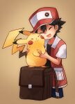  1boy :d affectionate backpack bag bag_removed bangs baseball_cap blackspade brown_background brown_bag brown_hair brown_shirt closed_eyes commentary happy hat holding holding_pokemon jacket male_focus open_mouth pants pikachu pokemon pokemon_(creature) pokemon_(game) pokemon_rgby red_(pokemon) red_headwear red_jacket shirt short_hair short_sleeves smile tongue 