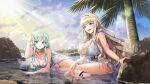  2girls :d bikini blonde_hair blue_eyes breasts cleavage dolphin_wave frown green_hair hair_intakes highres kirahoshi_kanna large_breasts long_hair looking_at_viewer lying multiple_girls official_art on_stomach palm_tree partially_submerged selena_lewis sitting smile swimsuit tree wavy_hair white_bikini 