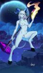  1girl absurdres blue_skin breasts closed_mouth colored_skin completely_nude crown distr draenei full_moon hand_up highres holding holding_weapon hooves horns looking_at_viewer magic medium_breasts monster_girl moon navel night nipples nude outdoors paladin_(warcraft) pubic_tattoo pussy sky solo standing star_(sky) starry_sky tail tattoo tentacles war_hammer warcraft weapon white_eyes white_hair world_of_warcraft yrel 