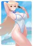  1girl adapted_costume armpits artist_name blonde_hair blue_sky breasts brown_eyes card cleavage cloud covered_navel cowboy_shot english_commentary highres holding jdpr large_breasts long_hair presenting_armpit sky solo swimsuit tenjouin_asuka white_one-piece_swimsuit yu-gi-oh! yu-gi-oh!_gx 