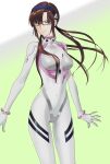  1girl bangs blue_eyes bodysuit breasts brown_hair covered_navel cowboy_shot evangelion:_3.0+1.0_thrice_upon_a_time glasses hairband highres long_hair looking_at_viewer makinami_mari_illustrious medium_breasts neon_genesis_evangelion plugsuit rebuild_of_evangelion red-framed_eyewear seoh_(user_danr5338) smile solo swept_bangs twintails white_bodysuit 