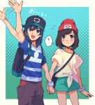  1boy 1girl backpack bag baseball_cap blue_eyes blush elio_(pokemon) hand_up hat highres holding_hands looking_at_viewer open_mouth pokemon pokemon_(game) pokemon_sm selene_(pokemon) shirt smile standing tied_shirt toume waving z-ring 