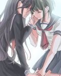  2girls bangs black_hair black_sailor_collar black_shirt black_skirt breasts brown_hair closed_eyes closed_mouth danganronpa_(series) danganronpa_another_episode:_ultra_despair_girls fukawa_touko glasses hair_ornament hairclip hand_on_another&#039;s_cheek hand_on_another&#039;s_face highres kneeling large_breasts long_hair long_sleeves looking_at_another midori_(310ri_21) multiple_girls naegi_komaru necktie pink_eyes pleated_skirt red_necktie round_eyewear sailor_collar shirt short_sleeves skirt tears white_shirt 