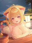  1girl absurdres ahoge animal_ear_fluff animal_ears bangs bent_over blonde_hair blush breasts bucket cat_ears cat_girl cat_tail cleavage cloud commentary_request covered_nipples heart heart_ahoge highres kemomimi_refle! kuyukian3 lamp large_breasts looking_at_viewer naked_towel nekoma_karin night onsen outdoors pink_eyes ribbon rubber_duck second-party_source see-through sky solo star_(sky) tail tail_ornament tail_ribbon tongue tongue_out towel virtual_youtuber water wet wet_towel white_towel 
