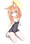  1girl animal_ear_fluff animal_ears black_one-piece_swimsuit blonde_hair blue_archive blue_eyes blush braid breasts casual_one-piece_swimsuit cat_ears cat_girl covered_navel feet flower hair_flower hair_ornament highres langley1000 long_hair looking_at_viewer mari_(blue_archive) no_tail one-piece_swimsuit sandals simple_background sitting small_breasts smile solo swimsuit thighs toes twin_braids twintails white_background 