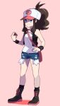  1girl bag baseball_cap blue_eyes brown_hair full_body hand_on_hip handbag hat hilda_(pokemon) holding holding_poke_ball pink_background poke_ball poke_ball_(basic) pokemon pokemon_(game) pokemon_bw ponytail shirt short_shorts shorts sleeveless sleeveless_shirt smile sparkle standing toume vest white_shirt wristband xtransceiver 