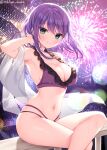  1girl aerial_fireworks arm_up armpits bare_shoulders bikini breasts cleavage closed_mouth crossed_legs fireworks frilled_bikini frills green_eyes large_breasts long_hair looking_at_viewer multi-strapped_bikini navel original purple_bikini purple_hair shikitani_asuka sitting skindentation smile solo stomach string_bikini swimsuit thighs towel wet 