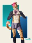  &lt;3 (character) 2022 abs absurd_res anthro blush bulge cheetah cheetahpaws_(character) clothed clothing collar crop_top digital_media_(artwork) ear_piercing eyes_closed felid feline footwear fur gesture hair hand_heart hi_res howlfeiwolf male mammal multicolored_body multicolored_fur muscular muscular_anthro muscular_male navel piercing pink_hair pinup pose shirt shirtless_sleeves simple_background smile socks solo spots spotted_body spotted_fur stripes teeth topwear underwear watermark 