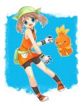  1girl :d bandana bangs bike_shorts black_socks blackspade blue_eyes brown_hair commentary_request dress fang fanny_pack gloves green_bag green_bandana happy holding holding_poke_ball may_(pokemon) open_mouth orange_dress orange_footwear outline poke_ball pokemon pokemon_(creature) pokemon_(game) pokemon_emerald pokemon_rse premier_ball shoes short_dress smile socks tongue torchic white_gloves 