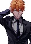  1boy arm_up black_necktie black_suit bleach brown_eyes collared_shirt formal frown hair_between_eyes highres hishui_prpr kurosaki_ichigo long_sleeves male_focus necktie orange_hair parted_lips ruffling_hair shirt short_hair solo spiked_hair suit sweatdrop upper_body white_background white_shirt 