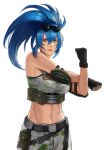  1girl abs absurdres alternate_costume ammunition_pouch bare_shoulders belt blue_eyes blue_hair booger_wang breasts camouflage eyewear_on_head fingerless_gloves glasses gloves highres leona_heidern midriff ponytail pouch sleeveless solo tank_top the_king_of_fighters 