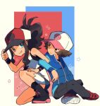  1boy 1girl baseball_cap blue_eyes blue_jacket brown_eyes brown_hair hand_up hat headwear_switch hilbert_(pokemon) hilda_(pokemon) jacket kneeling locked_arms looking_at_another pokemon pokemon_(game) pokemon_bw red_footwear shirt short_shorts shorts sitting sleeveless sleeveless_shirt smirk star_(symbol) toume vest white_shirt wristband zipper_pull_tab 