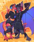  3_toes 4_toes 5_fingers anthro black_hair breasts chiropteran clothed clothing dragon duo eyebrows eyelashes feet female fingers hair horn kyander mammal non-mammal_breasts open_mouth red_eyes red_hair smile teeth toes tongue 