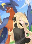  1girl black_collar blackspade blonde_hair cloud coat collar commentary_request cynthia_(pokemon) day falling_leaves fur-trimmed_coat fur_collar fur_trim garchomp grass hair_ornament hair_over_one_eye hand_up leaf long_hair long_sleeves outdoors pokemon pokemon_(creature) pokemon_(game) pokemon_dppt sidelocks sky smile 