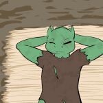  2014 anthro bed clothed clothing damaged_clothing digital_drawing_(artwork) digital_media_(artwork) eyes_closed fen_(lagotrope) furniture green_body green_skin hands_under_head horn inside kobold lagotrope lizard lying male on_back on_bed reptile resting scalie solo story story_at_source story_in_description tgchan wounded 