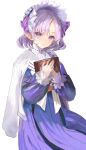  1girl book commentary copyright_request dress highres hitaki_yuu holding holding_book long_sleeves looking_at_viewer medium_hair parted_lips pointy_ears purple_dress purple_eyes purple_hair simple_background solo symbol-only_commentary white_background 