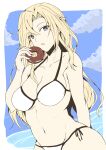  1girl bikini blonde_hair blue_eyes breasts cleavage commentary_request commission cowboy_shot doughnut food highres holding hornet_(kancolle) kantai_collection large_breasts long_hair looking_at_viewer side-tie_bikini_bottom solo swimsuit taira_yuuki white_bikini 