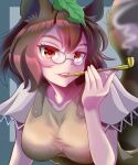  1girl :d animal_ears bangs breasts brown_eyes brown_hair brown_shirt futatsuiwa_mamizou glasses green_background highres holding holding_smoking_pipe kisaragi_koushi kiseru leaf leaf_on_head open_mouth raccoon_ears raccoon_girl raccoon_tail shirt short_hair short_sleeves smile smoke smoking smoking_pipe solo tail touhou upper_body 