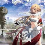  1girl album_cover armor blonde_hair blue_eyes copyright_request cover crown day eight_tohyama expressionless feet_out_of_frame fur_trim highres holding holding_crown kanji long_hair mini_crown outdoors pauldrons phant_(taishi) rope ruins shimenawa shoulder_armor single_pauldron skirt skyline standing strapless tube_top 