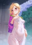  1girl bangs blonde_hair blush breasts carbon12th covered_nipples digimon digimon_survive kimijima_saki long_hair looking_at_viewer nipples ponytail rain red_eyes see-through shirt side_ponytail small_breasts smile solo solo_focus transparent water_drop wet wet_clothes wet_hair wet_shirt 