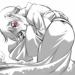  1girl ass bent_over feet_out_of_frame highres japanese_clothes kimono kurame kusari_hime:_euthanasia looking_at_viewer looking_back monochrome nakamura_tetsuya obi open_mouth red_pupils sash simple_background sketch sleeves_past_wrists smile solo spot_color wide_sleeves 