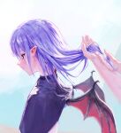  1girl 1other absurdres bat_wings black_capelet blush capelet closed_mouth commentary fang fang_out from_side highres holding_another&#039;s_hair lips long_hair looking_down nepperoni no_headwear out_of_frame pointy_ears profile purple_hair red_eyes remilia_scarlet simple_background symbol-only_commentary touhou wings 