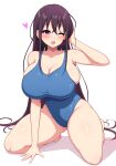  1girl :d aikome_(haikome) arm_between_legs bangs bare_legs barefoot blue_one-piece_swimsuit blush breasts brown_hair cleavage covered_navel curvy hair_between_eyes hand_in_own_hair heart highres kneeling large_breasts long_hair looking_at_viewer one-piece_swimsuit open_mouth original purple_eyes school_swimsuit sidelocks simple_background skindentation smile solo swimsuit taut_clothes taut_swimsuit thighs very_long_hair white_background 
