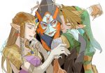  1boy 2girls arm_around_shoulder blue_skin closed_eyes colored_skin elbow_gloves gloves hood hug lili51540640 link looking_at_another midna midna_(true) multiple_girls orange_hair pointy_ears princess_zelda stool the_legend_of_zelda the_legend_of_zelda:_twilight_princess tiara upper_body white_gloves wooden_stool 