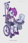  2:3 absurd_res anthro beverage bovid bovine burnout cattle choker clothing coffee coffee_mug computer green_eyes hair hi_res ill injection jewelry legwear male mammal necklace purple_hair sling_shot solo stockings tass_(character) tass_the_bovine wheelchair working 