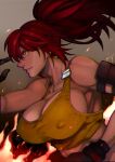  1girl bare_shoulders breasts covered_nipples dark_persona earrings jewelry large_breasts leona_heidern orochi_leona ponytail red_hair sleeveless solo tank_top the_king_of_fighters the_king_of_fighters_xv toned triangle_earrings yasunososaku yellow_eyes yellow_tank_top 
