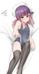  absurdres black_thighhighs covered_navel dated feet_out_of_frame gradient_hair grey_one-piece_swimsuit hair_ornament hairclip hat highres kantai_collection maru_(marg0613) multicolored_hair one-hour_drawing_challenge orange_hair purple_eyes purple_hair sailor_hat short_hair_with_long_locks sidelocks smile swimsuit thighhighs tsushima_(kancolle) twitter_username white_headwear 
