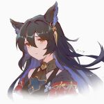  1girl animal_ears ascot bangs black_ascot black_hair breasts capelet character_name choker closed_mouth earrings frown granblue_fantasy hair_between_eyes jewelry long_hair looking_at_viewer medium_breasts nier_(granblue_fantasy) raised_eyebrows single_earring solo tank_top upper_body vienri yellow_eyes 