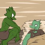  2014 anthro bed bottomwear clothed clothing crouching damaged_clothing dialogue digital_drawing_(artwork) digital_media_(artwork) digitigrade duo fen_(lagotrope) furniture green_body green_skin horn kobold lagotrope lizard lying male on_back on_bed open_mouth pupils reptile scalie shirt shorts slit_pupils story story_at_source story_in_description tgchan topless topwear torn_clothing under_covers zizi_(lagotrope) 