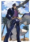  1boy absurdres belt bird black_hair blue_sky border chain copyright_name dated earrings expressionless feet_out_of_frame gakuran hands_in_pockets hat hawk highres jewelry jojo_no_kimyou_na_bouken kotatsu_(g-rough) kujo_jotaro long_coat making-of_available male_focus multiple_belts muscular muscular_male outside_border palm_tree purple_shirt pyramid_(structure) school_uniform shirt short_hair signature sky solo stardust_crusaders stud_earrings tree triangle_print white_border 