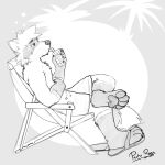  1:1 anthro back_tuft beverage bottomwear cheek_tuft chest_tuft clothed clothing drinking_straw facial_tuft gloves_(marking) hair hi_res holding_beverage holding_object ice_cube leaning leaning_back leg_markings male mammal markings monochrome narrowed_eyes pache_riggs pawpads procyonid raccoon short_hair shorts signature simple_background sitting socks_(marking) solo topless tuft whiskers 