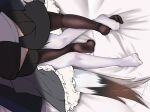  2girls absurdres bed_sheet black_pantyhose black_shorts feet foot_focus fox_girl fox_tail frilled_skirt frills girl_on_top grey_skirt highres hololive implied_yuri leg_between_thighs long_skirt lower_body lying micon multiple_girls on_back ookami_mio out_of_frame pantyhose shirakami_fubuki shorts skirt tail tail_blush virtual_youtuber white_pantyhose wolf_girl wolf_tail 