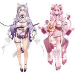  2girls absurdres animal_ears bangs breasts cleavage closed_mouth full_body highres indie_virtual_youtuber katana large_breasts leash long_hair looking_at_viewer miyako_miyuri multiple_girls open_mouth pink_eyes pink_footwear pink_hair purple_eyes purple_footwear see-through simple_background standing sword tail tenshouin_himeno thighhighs thomasz virtual_youtuber weapon white_background white_hair white_thighhighs 